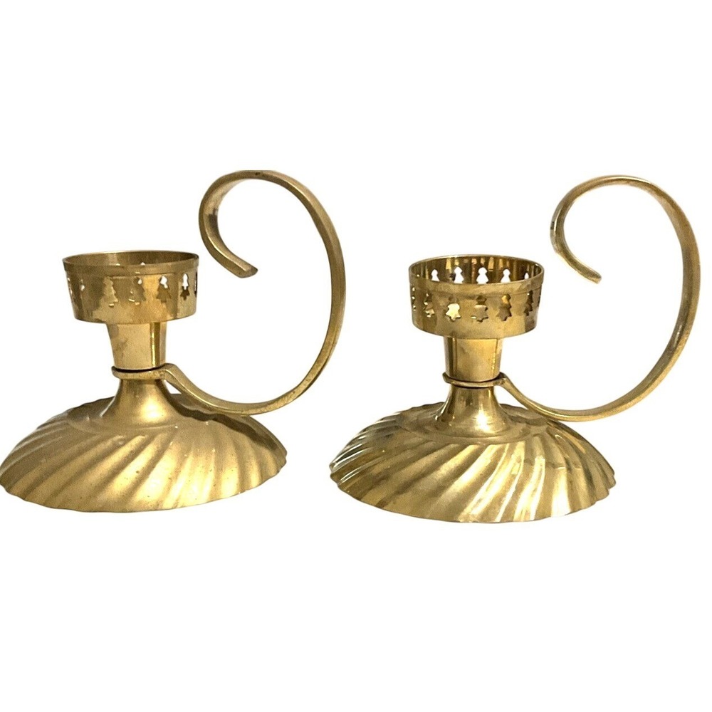 Vintage Brass Candle Holders Pair India Finger Loop‎ Chamberstick Christmas Boho